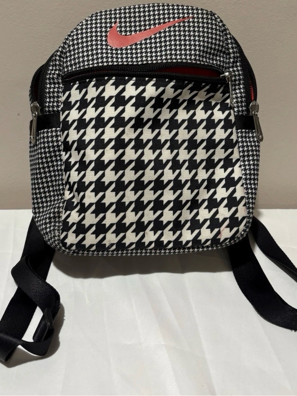 Nike Black & White Houndstooth Mini Backpack with Coral Swoosh